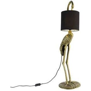 QAZQA Vintage vloerlamp messing stoffen kap zwart - Animal Kraanvogel