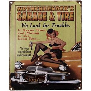Clayre & Eef Tekstbord 20x25 cm Groen Geel Ijzer Garage & Tire