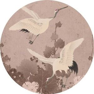 ESTAhome zelfklevende behangcirkel kraanvogels grijs roze - Ø 70 cm -