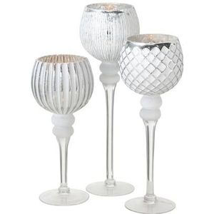 Luxe glazen design kaarsenhouders/windlichten set van 3x stuks zilver/wit transparant met formaat tussen de 30 en 40 cm
