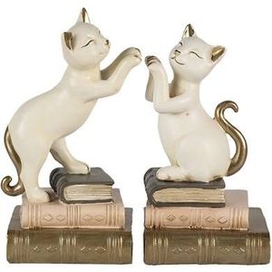 Clayre & Eef Boekensteunen Set van 2 Kat 20x8x19 cm Wit Polyresin