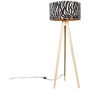 QAZQA Vloerlamp hout met stoffen kap zebra 50 cm - Tripod Classic