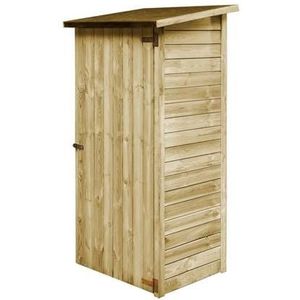 <p>Deze houten schuur heeft een simpel ontwerp en een rustieke uitstraling, waardoor hij perfect past bij iedere tuin. De hoogwaardige tuinschuur biedt veel opslagruimte voor al je gereedschap en uitrusting.</p>
<p>Deze schuur is gemaakt van hoogwaardig geïmpregneerd grenenhout, waardoor hij massief, duurzaam en weerbestendig is. De deur is ontworpen voor eenvoudige toegang, zodat je gemakkelijk bij al je spullen kunt.</p>
<p>Deze opslagschuur is eenvoudig te monteren, zodat je snel kunt genieten van extra opbergruimte in je tuin. Houd er rekening mee dat hout een natuurlijk product is en daarom oneffenheden kan vertonen.</p>
<ul>
  <li>Kleur: naturel</li>
  <li>Materiaal: geïmpregneerd grenenhout</li>
  <li>Afmetingen: 88 x 76 x 175 cm (B x D x H)</li>
  <li>Afmetingen onderkant: 80 x 62 cm (B x D)</li>
  <li>Hoogte voorwand: 165 cm</li>
  <li>Ontwerp met enkele deur</li>
</ul>