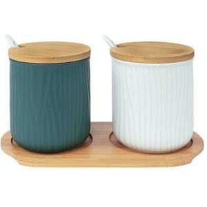 Krumble 2 keramieke potjes met lepels op houten plankje - Groen + wit
