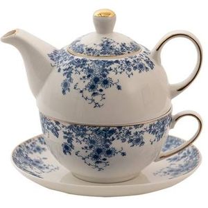 Clayre & Eef Tea for One 400 ml Blauw Porselein Bloemen Theepot set
