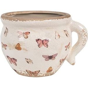 Clayre & Eef Bloempot Binnen 17x14x12 cm Beige Roze Keramiek Vlinders