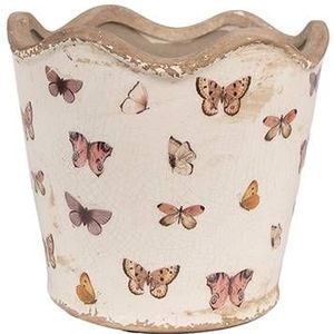 Clayre & Eef Bloempot Binnen Ø 16x15 cm Beige Roze Keramiek Vlinders