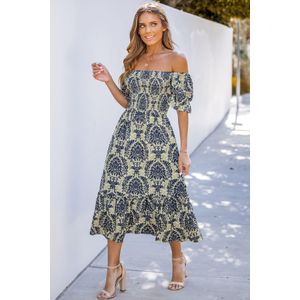 Moss en marineblauwe gesmokte midi-jurk