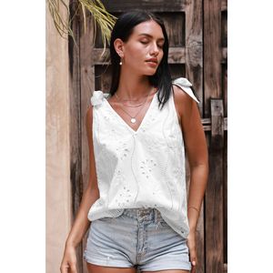 Witte katoenen tanktop met oogjes en gestrikte schouder