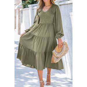 Olijfgroene gesmokte maxi-jurk met V-hals