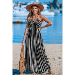 Zwart-witte jumpsuit met halterhals en rechte pijpen