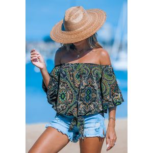 Paisley off-shoulder blouse met strikceintuur