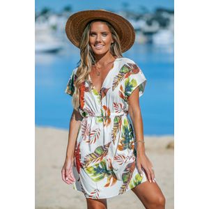 Tropische decolleté mini-jurk met dolmanmouwen