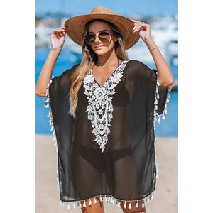 Doorschijnende zwart-witte kanten cover-up met kwastjes