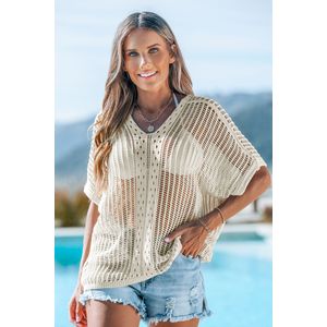 Beige open gehaakte cover-up top met V-hals