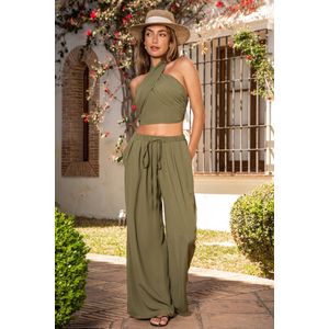 Olijfkleurige gedraaide haltertop en broek met rechte pijpen