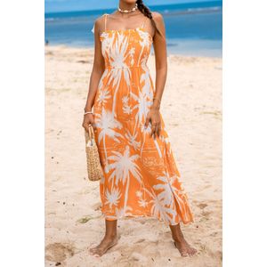 Oranje tropische maxi-jurk met vierkante hals