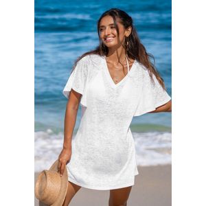 Witte jersey cover-up met ruches en mouwen