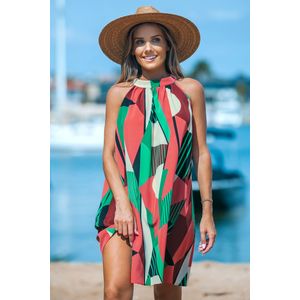 Groen en roze mouwloze losse mini-jurk met hoge hals