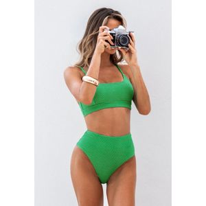 Getextureerde bralette en bikiniset met hoge taille