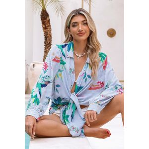 Gestreepte cover-up overhemdjurk met tropische vogels