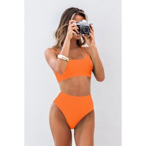 Oranje bikinitop met U-hals en broekje met hoge taille