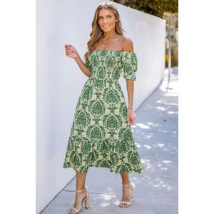 Off-shoulder gesmokte midi-jurk