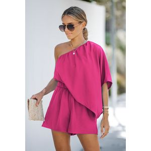 Fuchsia romper met één schouder gedrapeerd lijfje