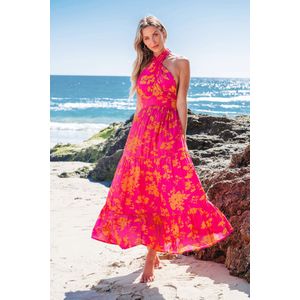 Roze en oranje gekruiste halter maxi-jurk met bloemen