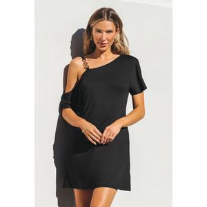 Zwarte asymmetrische jersey mini-jurk met uitsnijding