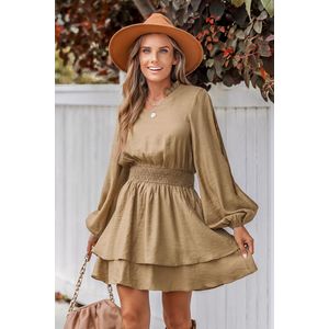 Herfstbladeren gesmokte mini-jurk met ruches