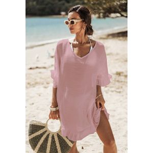 Midi-jurk, volantzoom, A-lijn, V-hals, korte mouw, roze | Happy Size