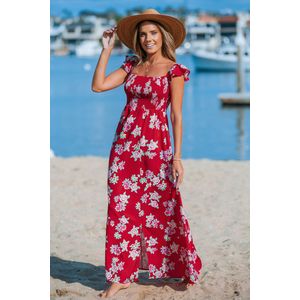 Rode bloemen off-shoulder maxi-jurk met fladdermouwen