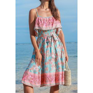 Midi-jurk met retro gebloemd lijfje met vierkante hals en volant