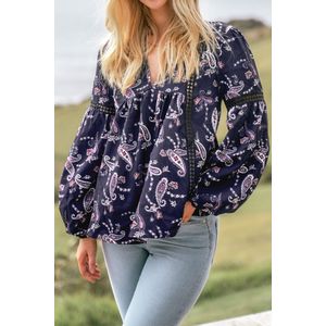 Paisley top met V-hals  contrasterend kant en pofmouwen