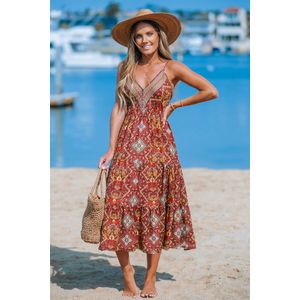 Baksteen-en-oranje Boho mouwloze maxi-jurk