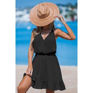 Zwarte mouwloze mini-jurk met V-hals