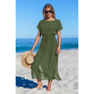Olijfkleurige cover-upjurk met korte mouwen en splitzoom
