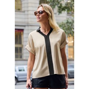 Kaki en zwart overhemd met colorblock-kraag