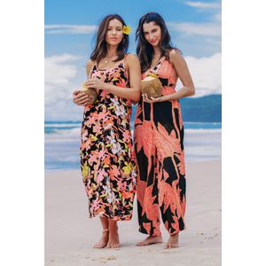 Middernacht maxi-slipjurk met bloemen en ronde hals