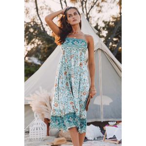 Blauwgroen en blauwe Boho maxi-jurk met vierkante hals