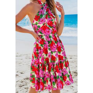 Roze en rode mini-jurk met gekruiste halternek en bloemen