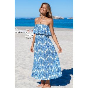 Helderblauw en wit lijfje Boho maxi-jurk