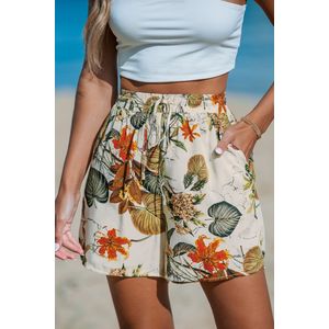 Shorts met tropische bloemen en strikceintuur met wijde pijpen
