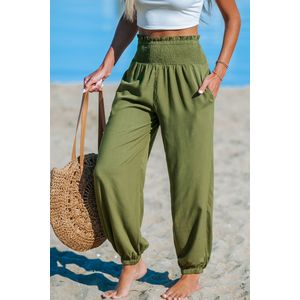 Groene gesmokte taille casual broek met toelopende pijpen