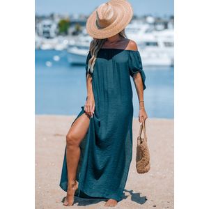 Marineblauwe off-shoulder maxi cover-upjurk met splitzoom