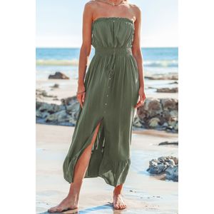 Groene maxi-jurk met gesmokte taille en knopen aan de voorkant