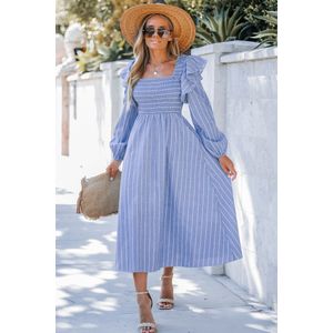 Krijtstreep gesmokte maxi-jurk met ruches