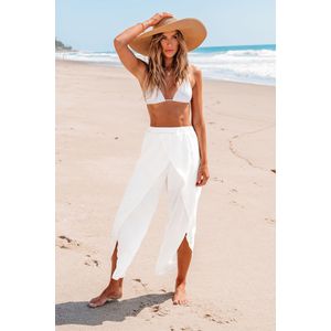 Witte asymmetrische broek met ruches en tulpzoom