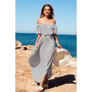 Gestreepte off-shoulder volant lijfje asymmetrische maxi-jurk